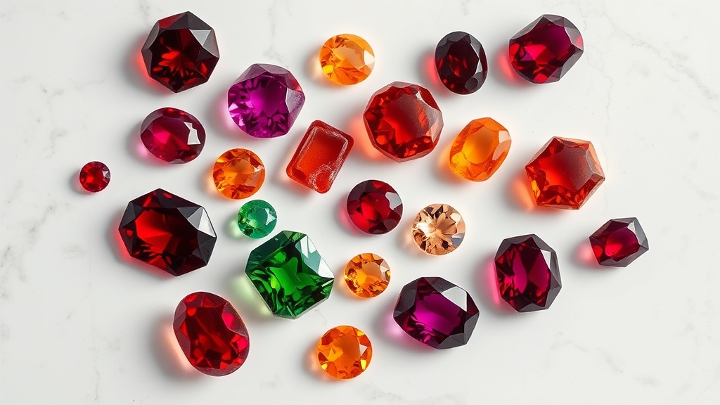Assorted garnet specimens in red, orange, green, and purple tones on white marble