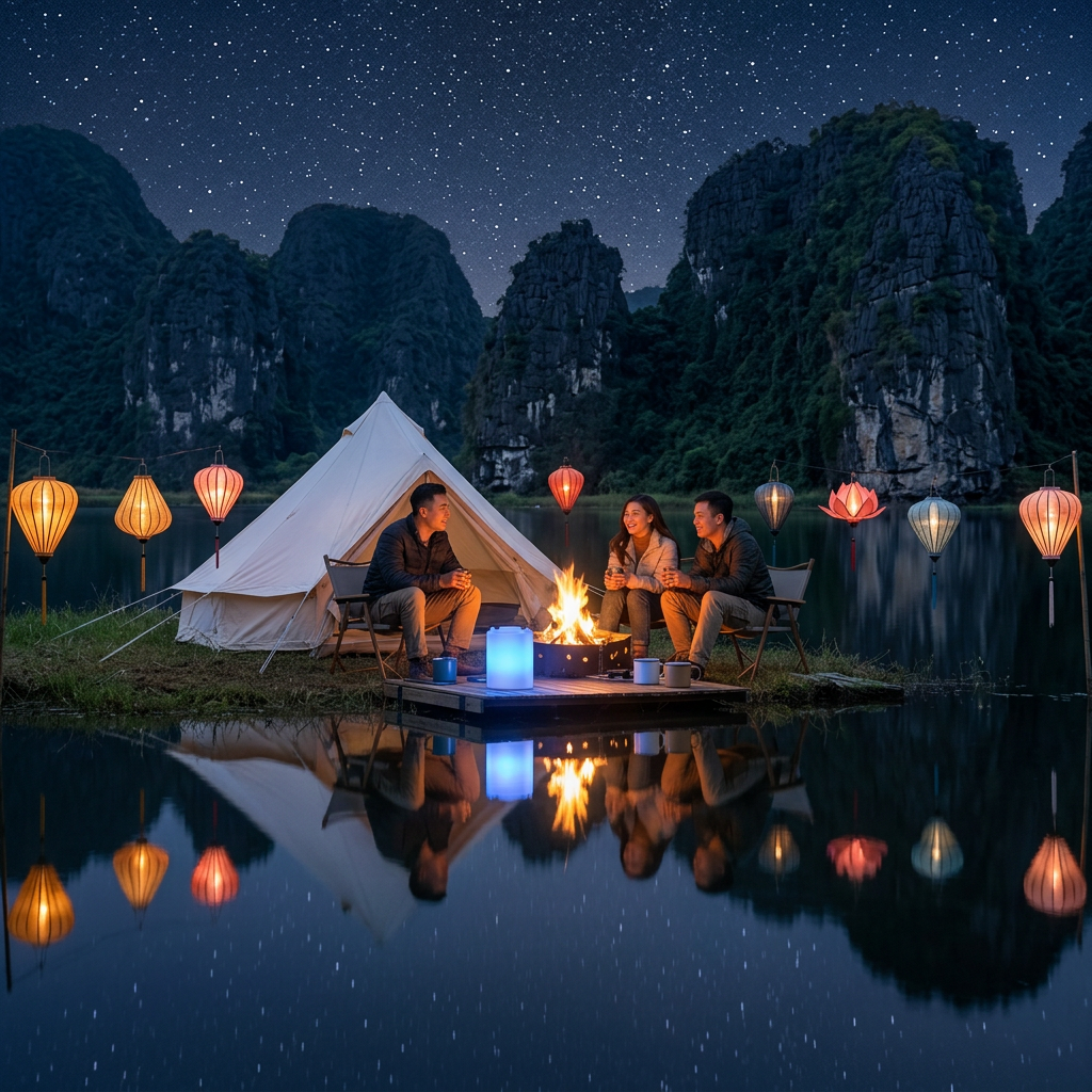 Cắm trại Đầm Vân Long Ninh Bình đêm - núi đá phản chiếu mặt nước huyền ảo — ProCamping.vn