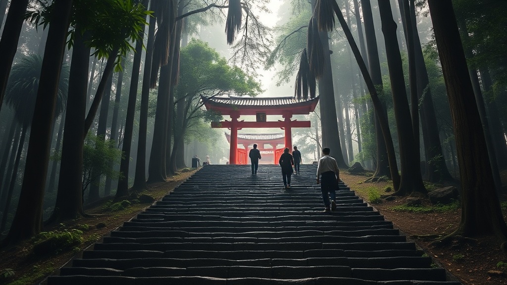 Escaliers en pierre menant à un temple bouddhiste dans la forêt du mont Emei, pèlerins de dos dans la brume matinale