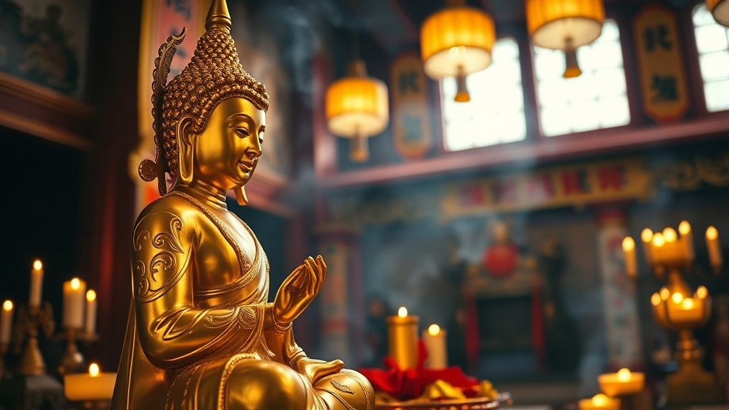 Statue dorée d'un bodhisattva dans une salle de culte d'un temple bouddhiste chinois, éclairée à la bougie