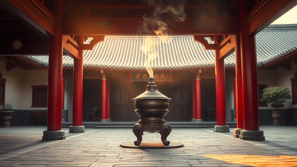 Cour intérieure du temple Baoguo au mont Emei au lever du soleil, brûleur d'encens en bronze au centre
