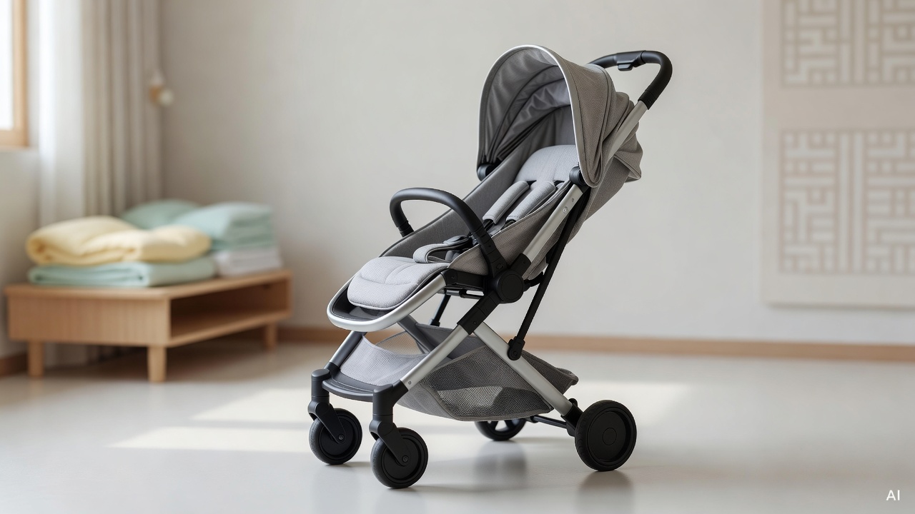 baby stroller with reclining seat on a clean white nursery floor