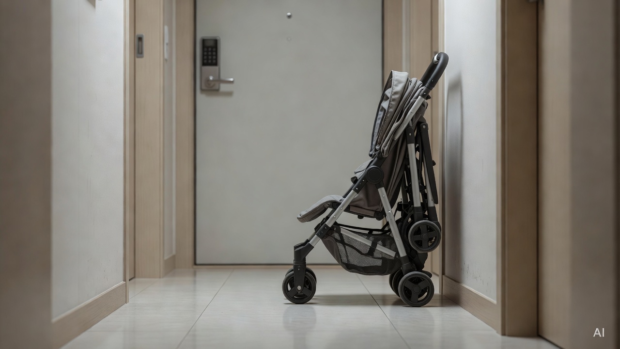 close-up of baby stroller folded and stored next to a front door in a Korean apartment hallway