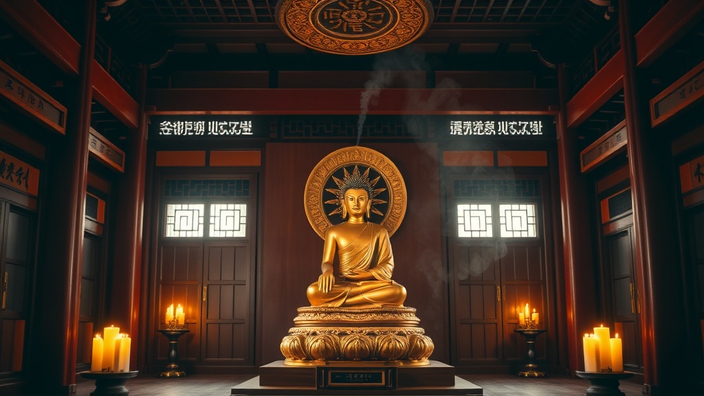 Salle de méditation d'un temple bouddhiste coréen avec statue de Bouddha en mudra de méditation