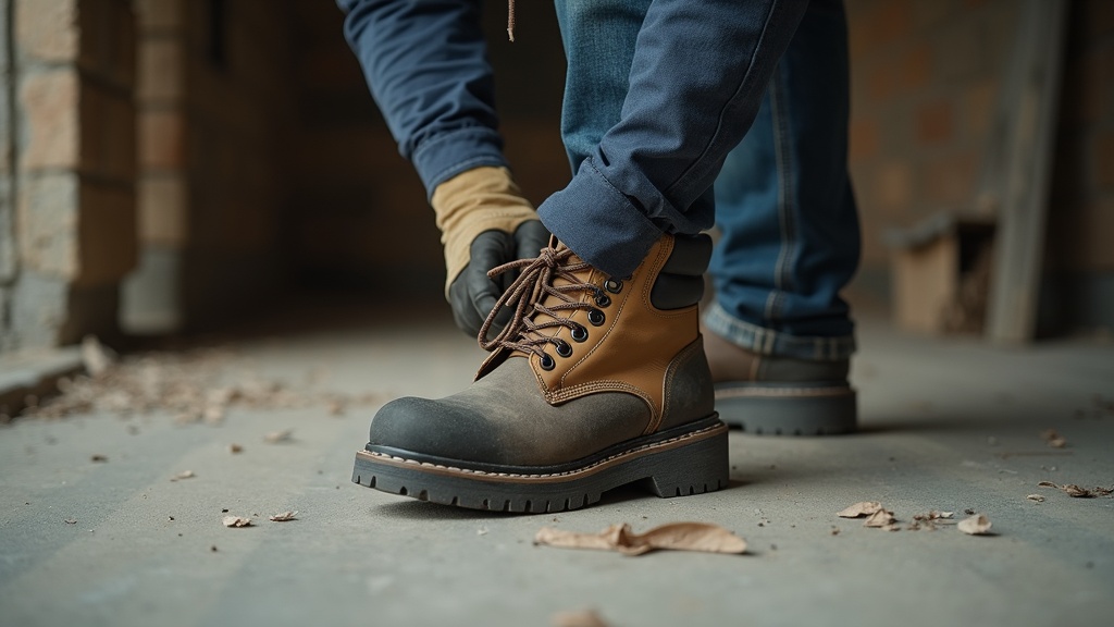 Pie calzándose bota de seguridad con calcetín fino de verano