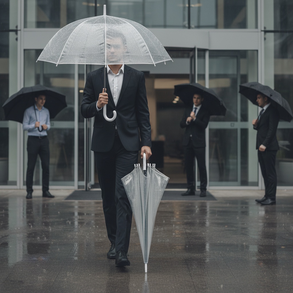 Customer using transparent umbrella in busy Mumbai street