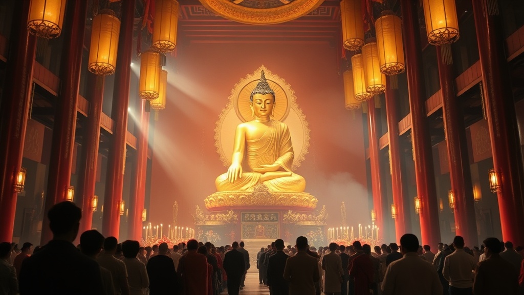 Salle du Grand Héros du temple de Lingyin avec le Bouddha Shakyamuni doré