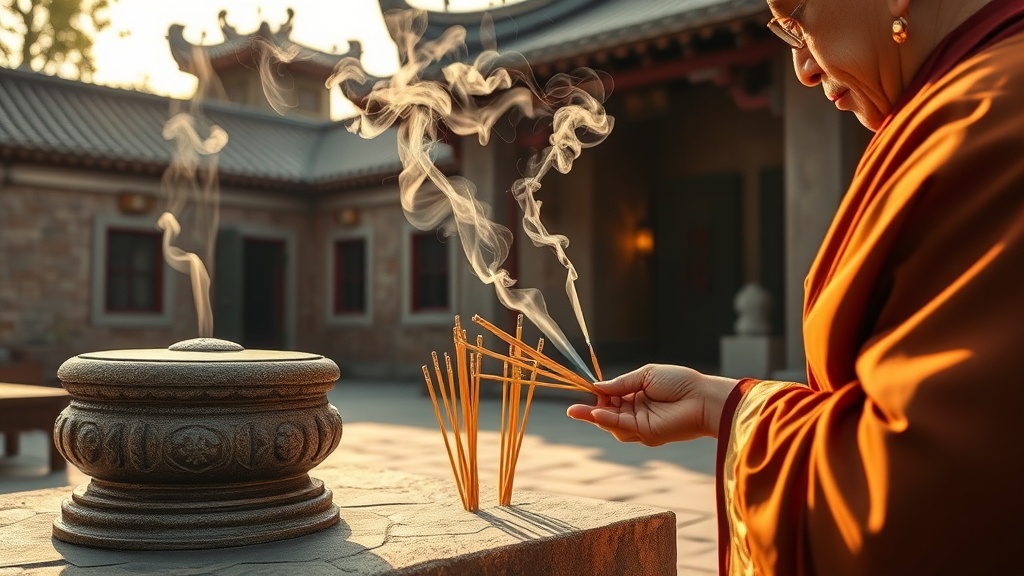 Pèlerin allumant de l'encens devant le temple de Lingyin à Hangzhou