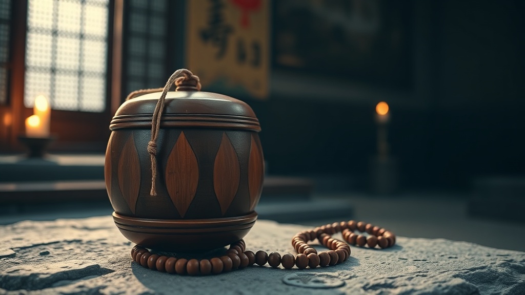 Moktak en bois et chapelet de méditation posés sur une pierre dans un temple bouddhiste coréen