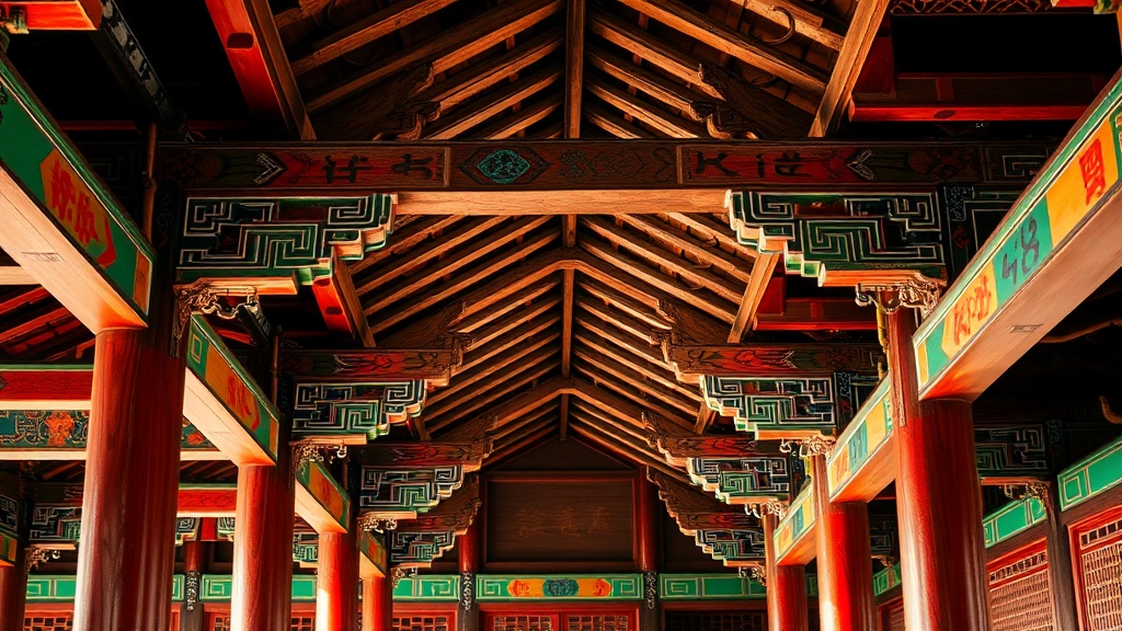 Détail des peintures dancheong aux couleurs vives sur les charpentes en bois du hall principal de Kaesimsa