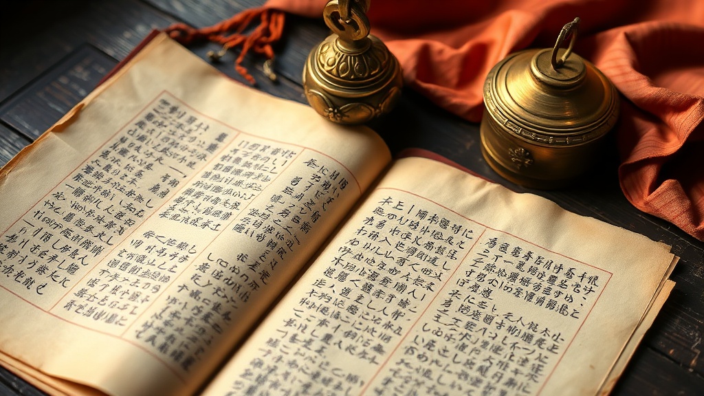 Aged Tibetan Buddhist manuscript pages with ink script and a bronze ritual bell on dark wood