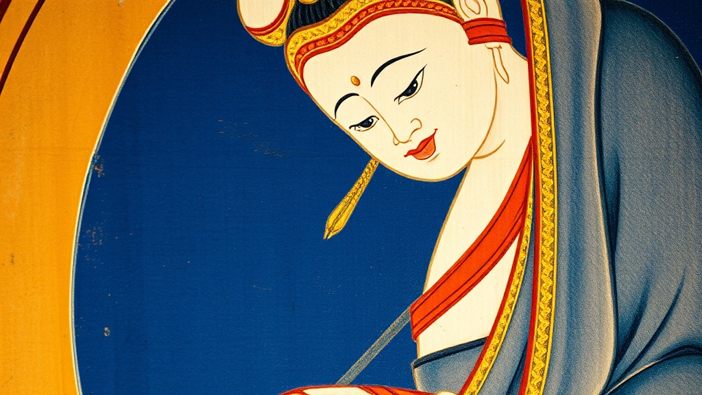 Close-up detail of a traditional Tibetan thangka painting of a white-bodied Dakini figure with gold ornaments