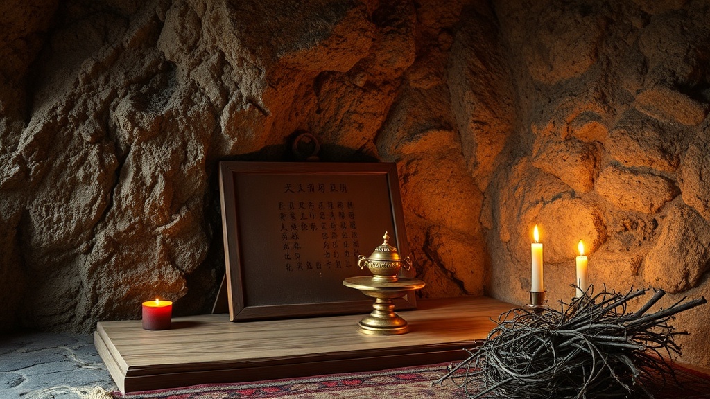 Ancient Tibetan cave altar with brass butter lamp and wooden text board evoking 8th-century practice
