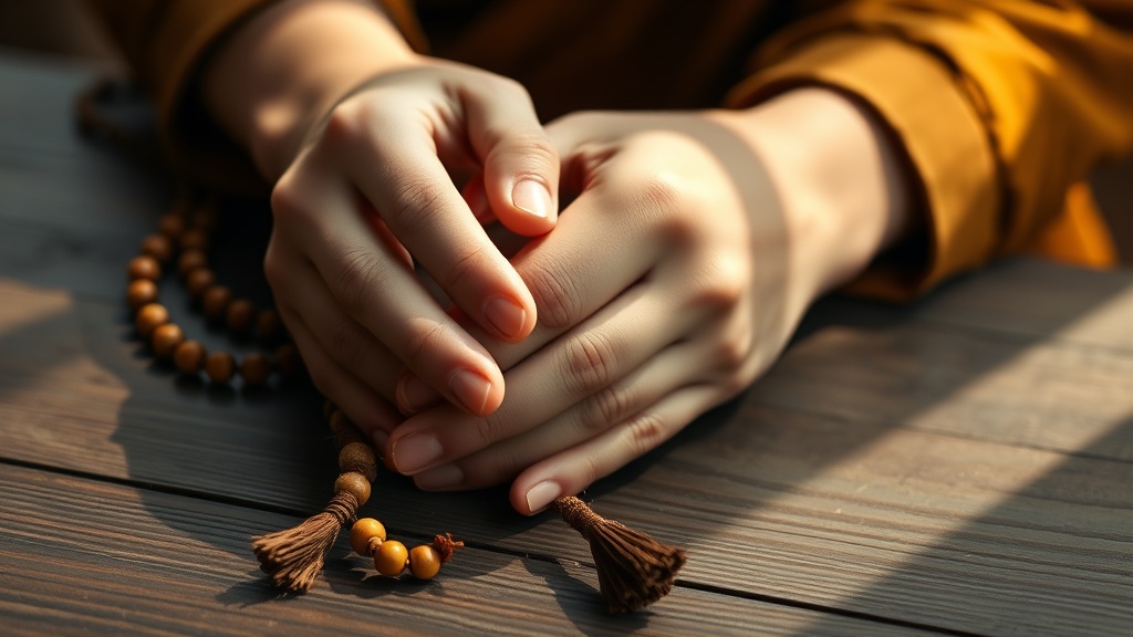 Mala tibétain en bois de santal tenu dans les mains lors d'une session de méditation