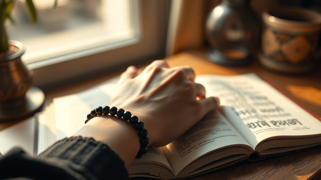 Bracelet tibétain porté au poignet d'une personne feuilletant un livre de spiritualité bouddhiste