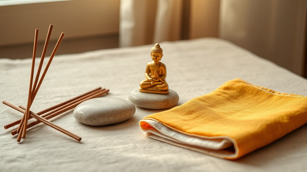 Objets de dévotion bouddhiste : encens, statue dorée et tissu safran sur lin naturel