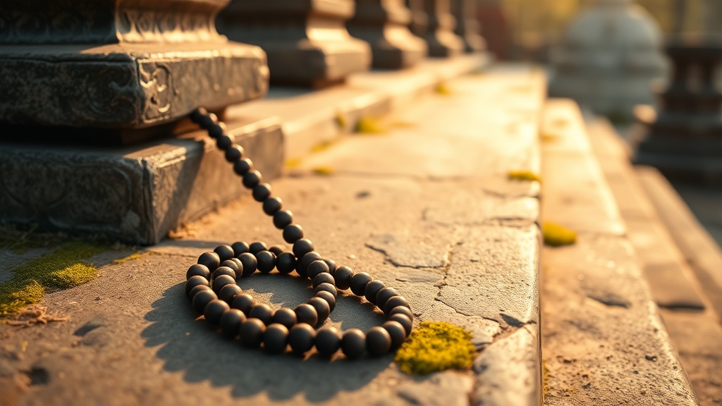 Chapelet mala en bois de santal posé sur une marche en pierre d'un temple bouddhiste, lumière naturelle douce