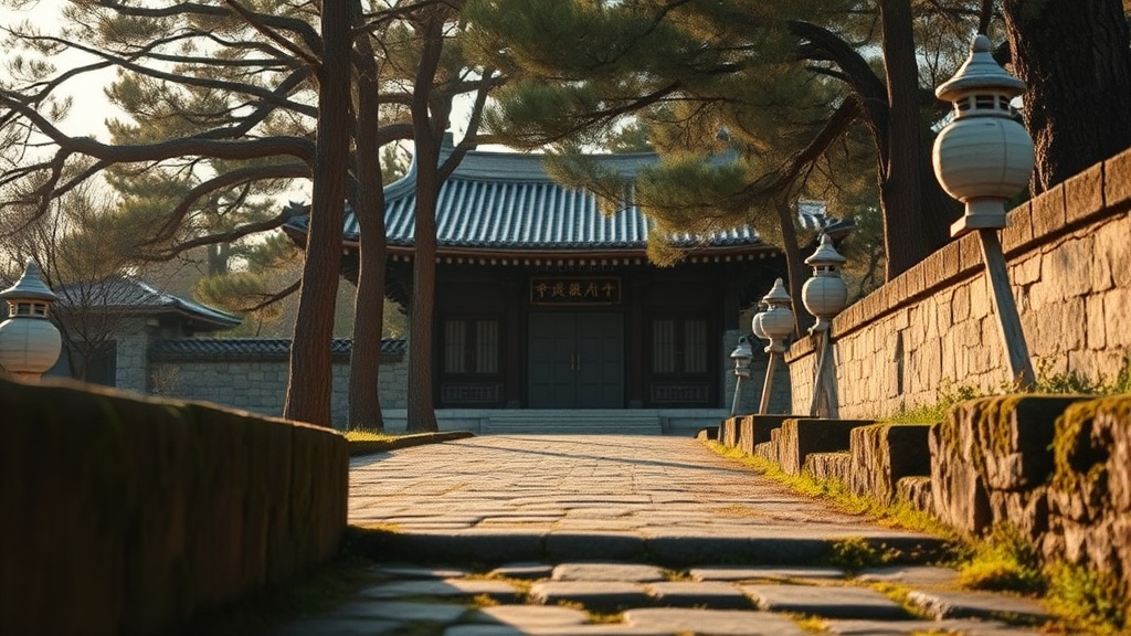 Allée de pierre menant à l'entrée d'un temple bouddhiste coréen à Gyeongju, entourée de pins centenaires