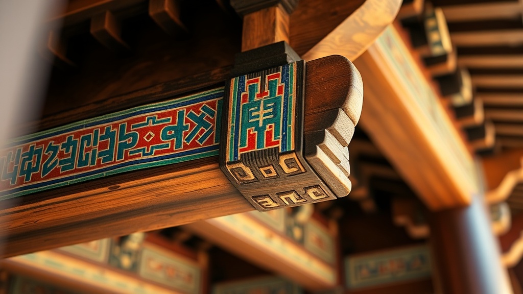 Détail de peinture dancheong sur la charpente d'un temple bouddhiste coréen, motifs géométriques polychromes rouge, bleu et or