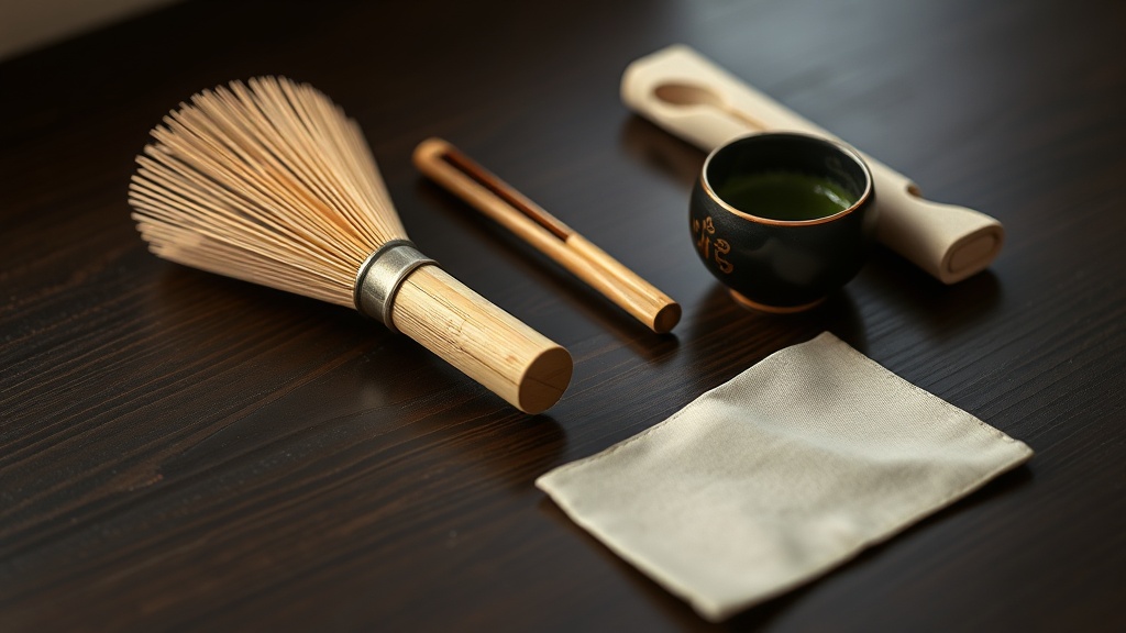 Ustensiles de cérémonie du thé : chasen, chashaku, natsume et fukusa sur bois sombre