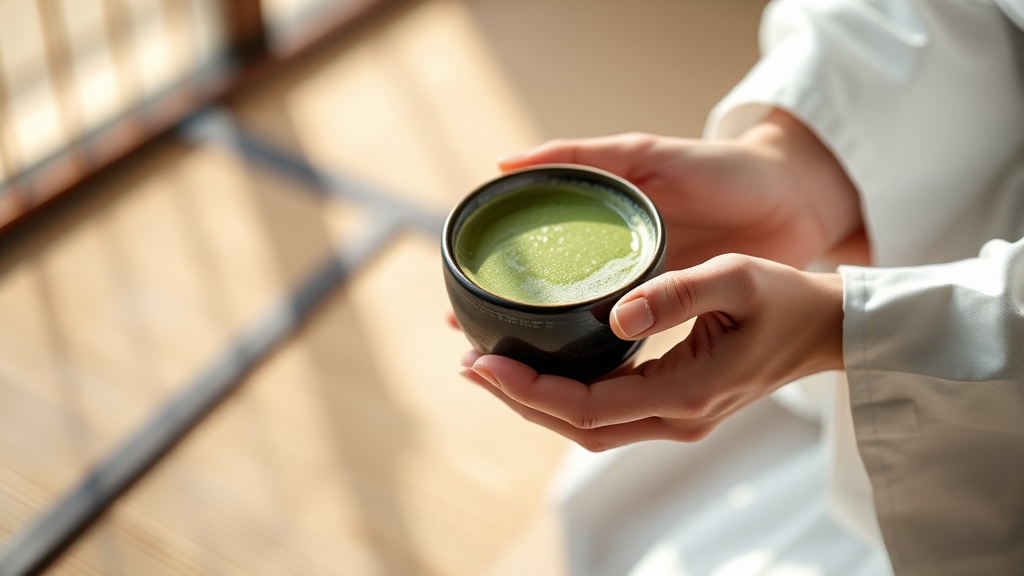 Mains tenant un chawan de matcha lors d'une cérémonie du thé japonaise
