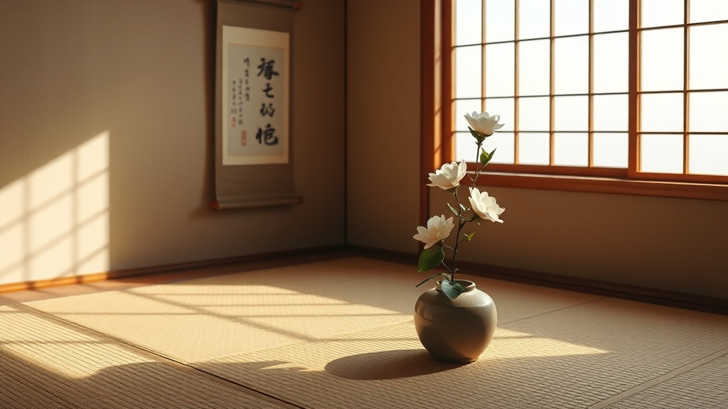 Tokonoma d'une salle de thé japonaise avec kakémono et fleur de camélia