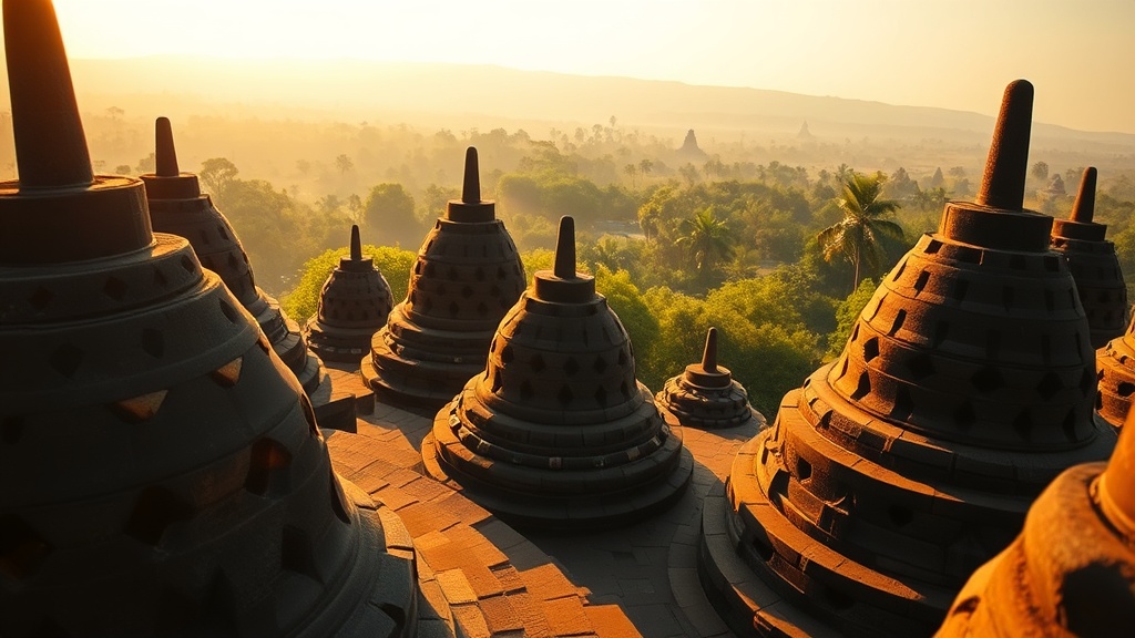 Stone stupas with perforated lattice at Borobudur temple, Java, Indonesia, in warm morning light with tropical vegetation