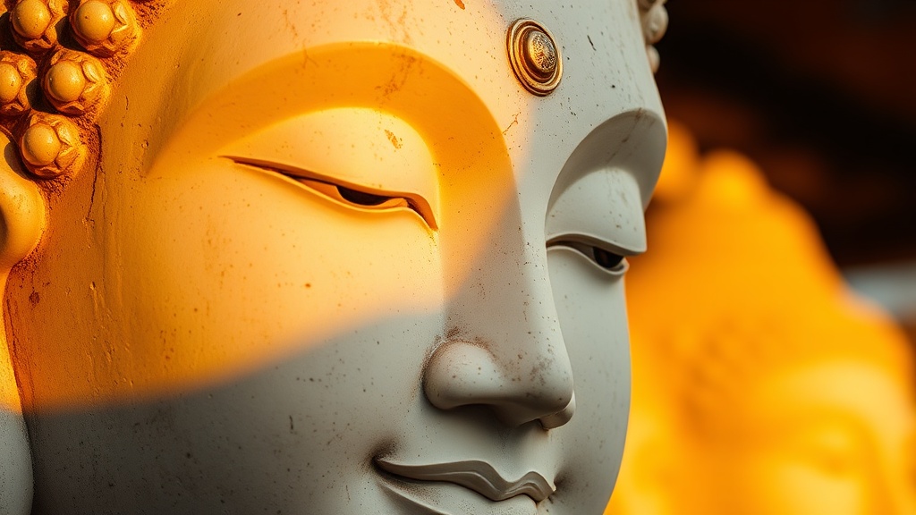 Ancient white stone Vairocana Buddha face with gilded forehead mark, serene expression, weathered stone texture