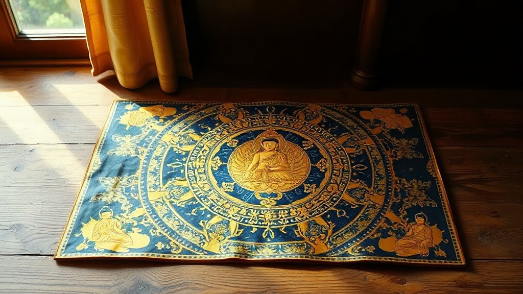 Five Dhyani Buddhas mandala thangka painting in gold and deep blue showing buddhas in all five directions including center