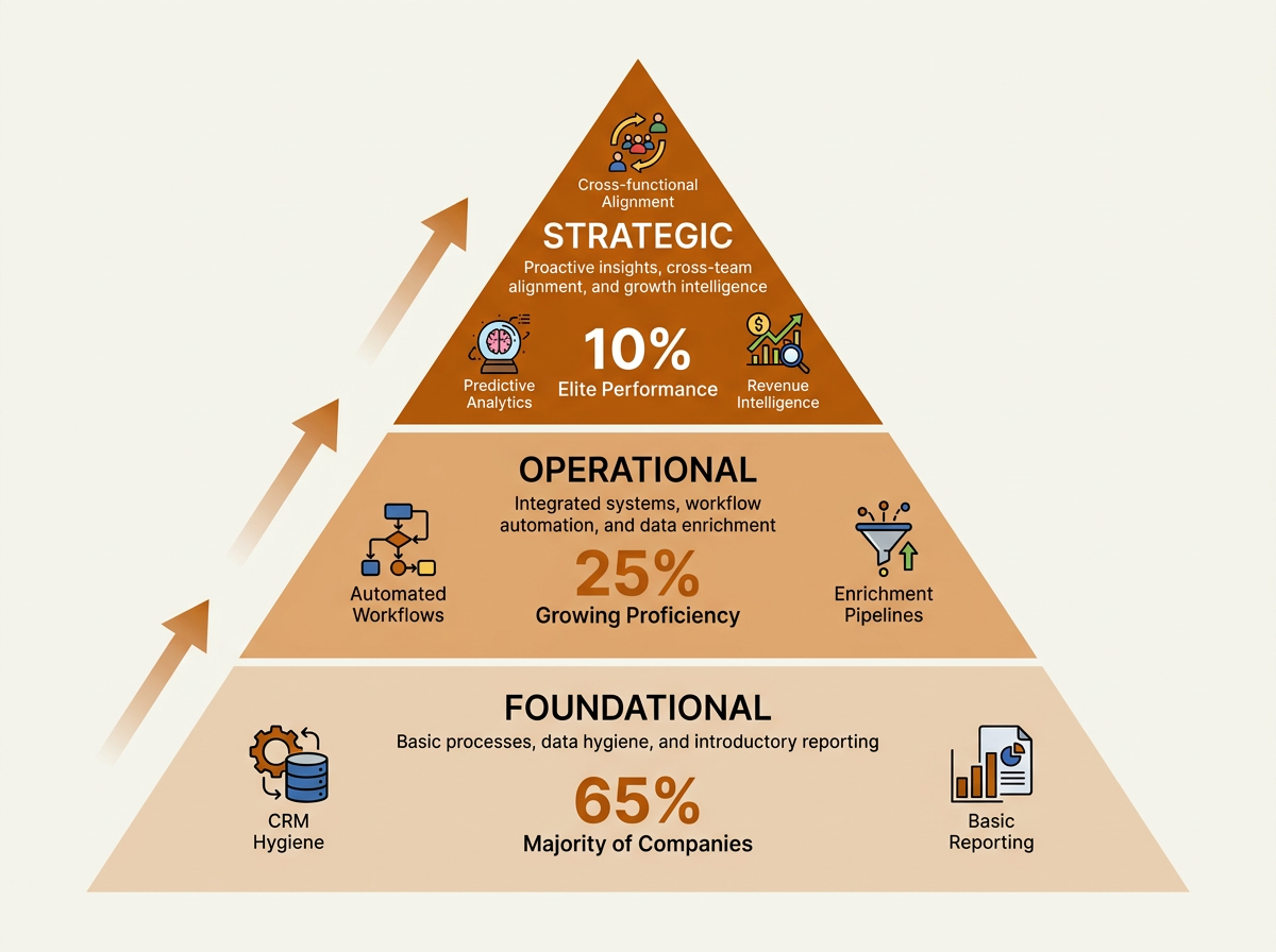 RevOps maturity pyramid diagram showing foundational, operational, and strategic tiers with company percentages