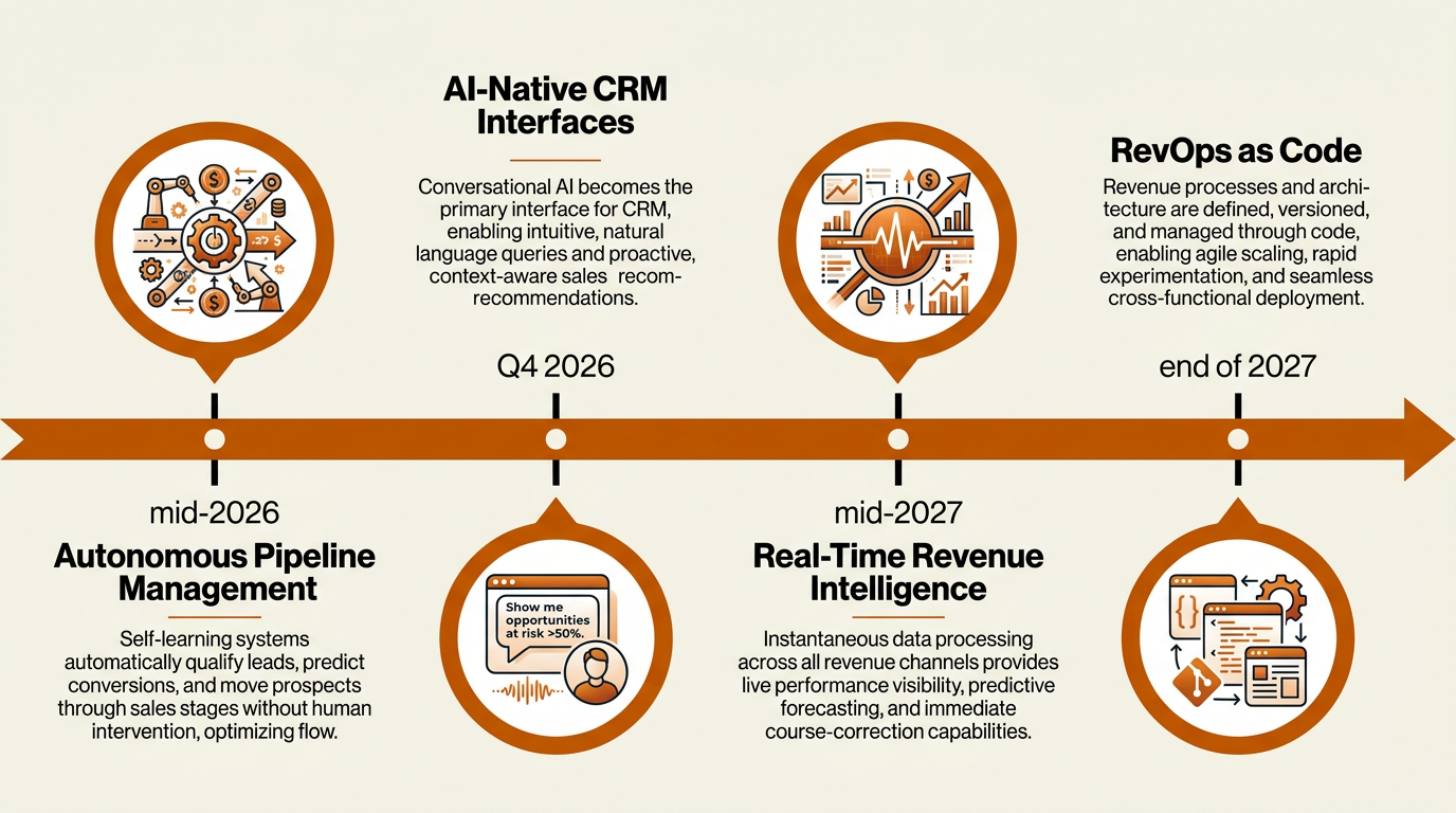 RevOps predictions timeline 2026 to 2027 showing autonomous pipelines and AI-native CRM milestones