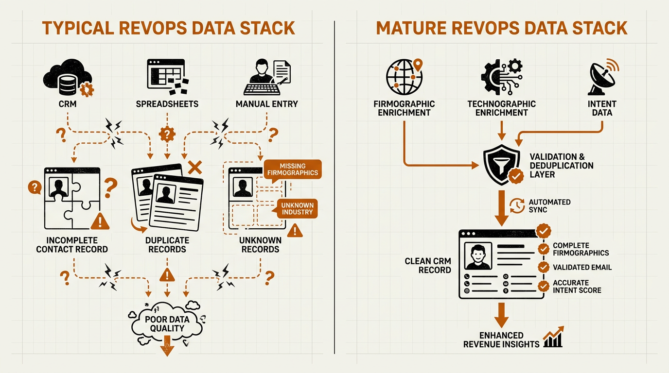 Comparison diagram of fragmented vs mature RevOps CRM data stack architecture