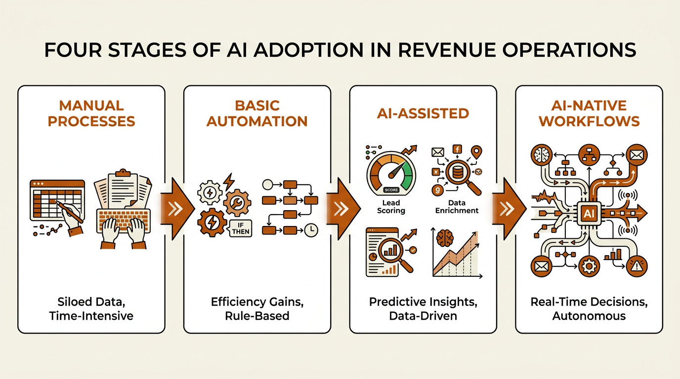 Infographic showing AI adoption stages in RevOps from manual to AI-native workflows