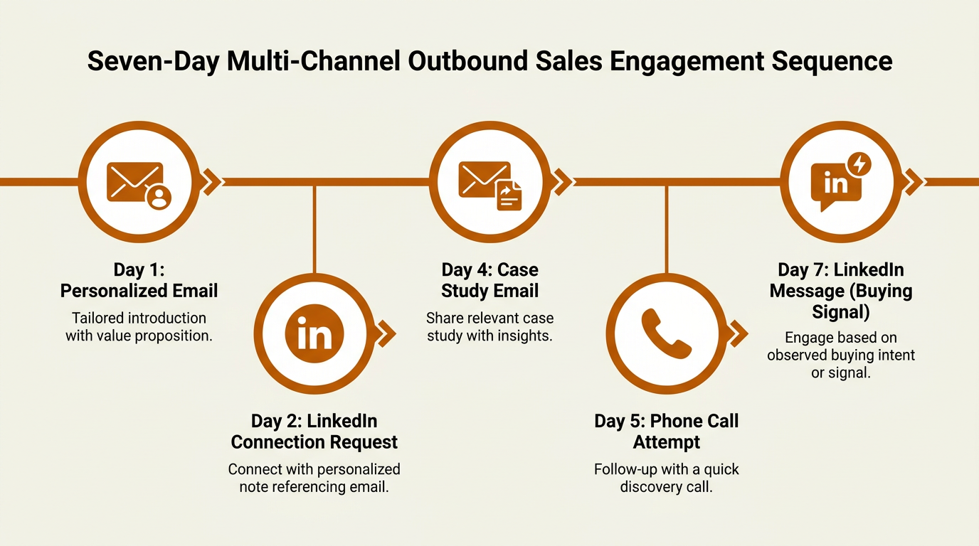 Seven-day multi-channel outbound sales automation sequence timeline infographic