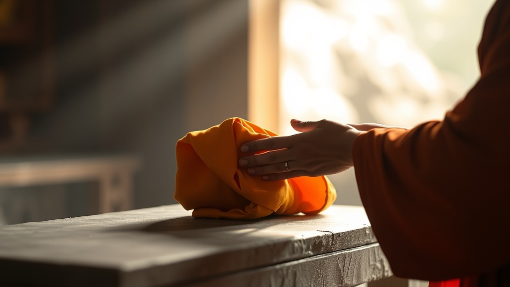 Buddhist monk's hands folding a saffron kesa robe in a monastic setting