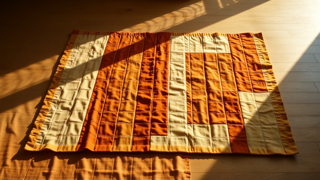 Flat lay of a Buddhist kesa robe showing the patchwork panel construction and hand-stitching detail