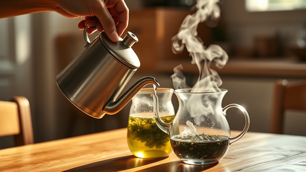 Verser de l'eau frémissante sur des feuilles de thé vert dans une théière en verre