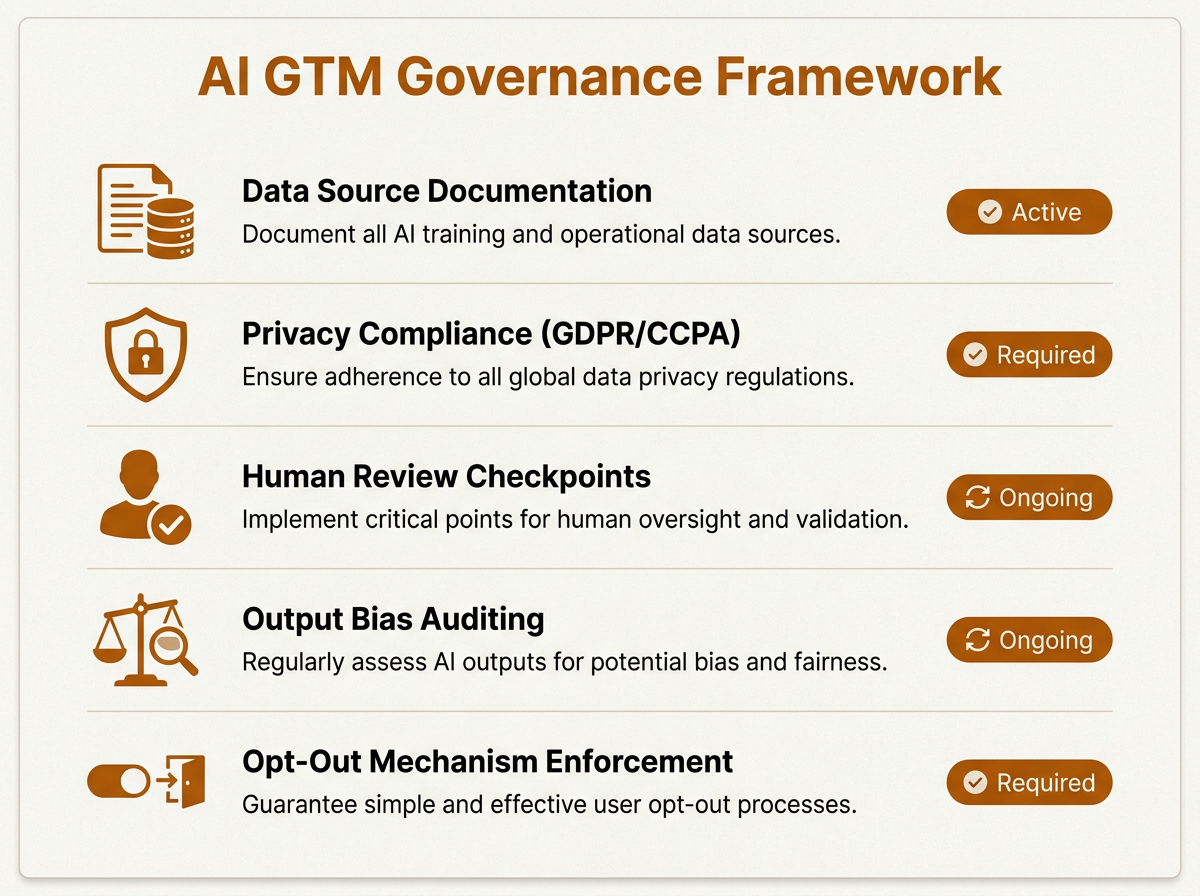 AI GTM governance framework checklist covering data privacy compliance and human review