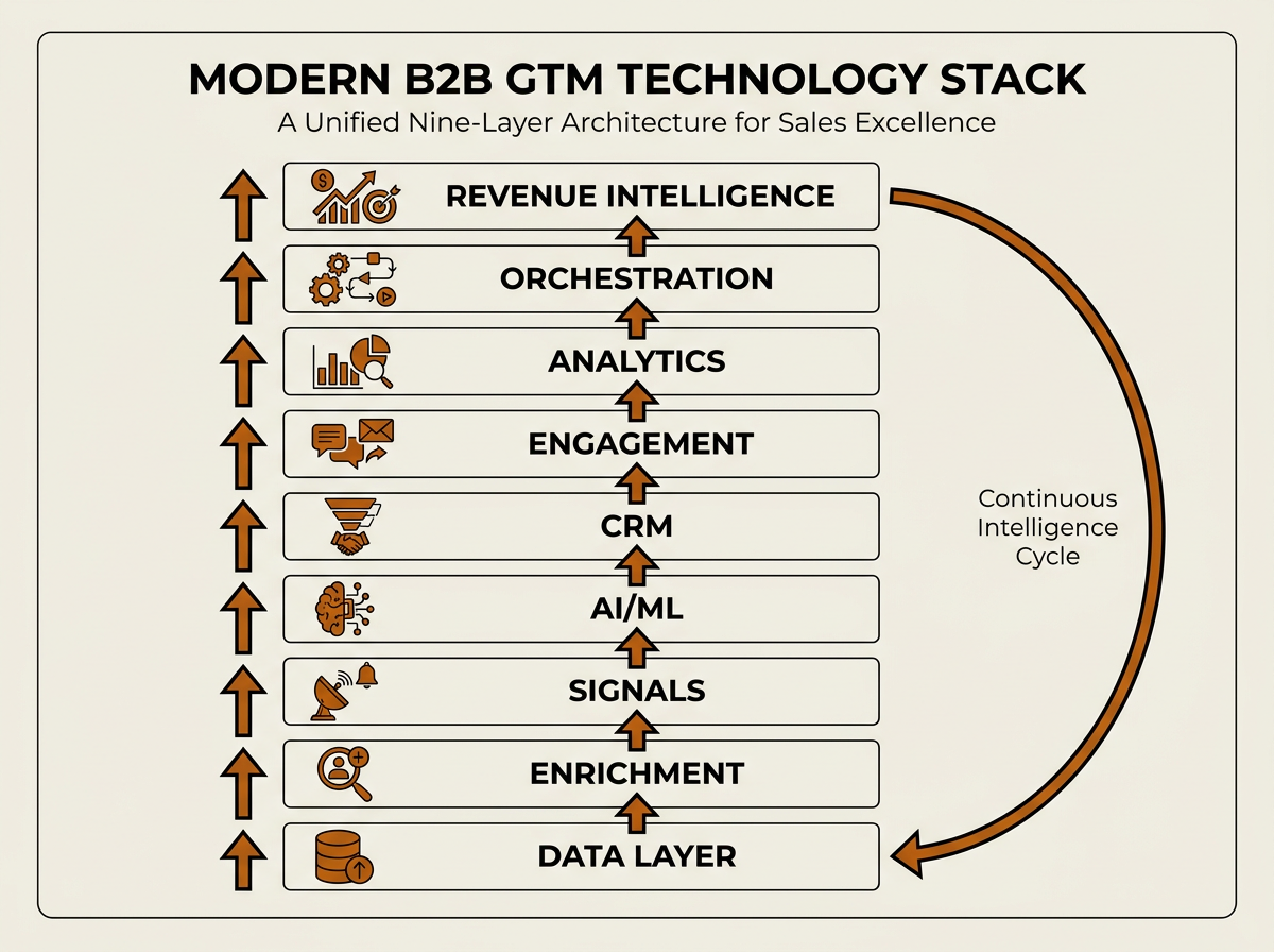 Nine-layer AI-powered GTM technology stack architecture diagram vertical