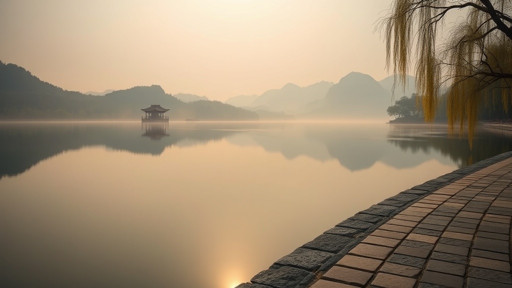 Vue du lac de l'Ouest à Hangzhou depuis la rive sud, collines boisées et brume matinale