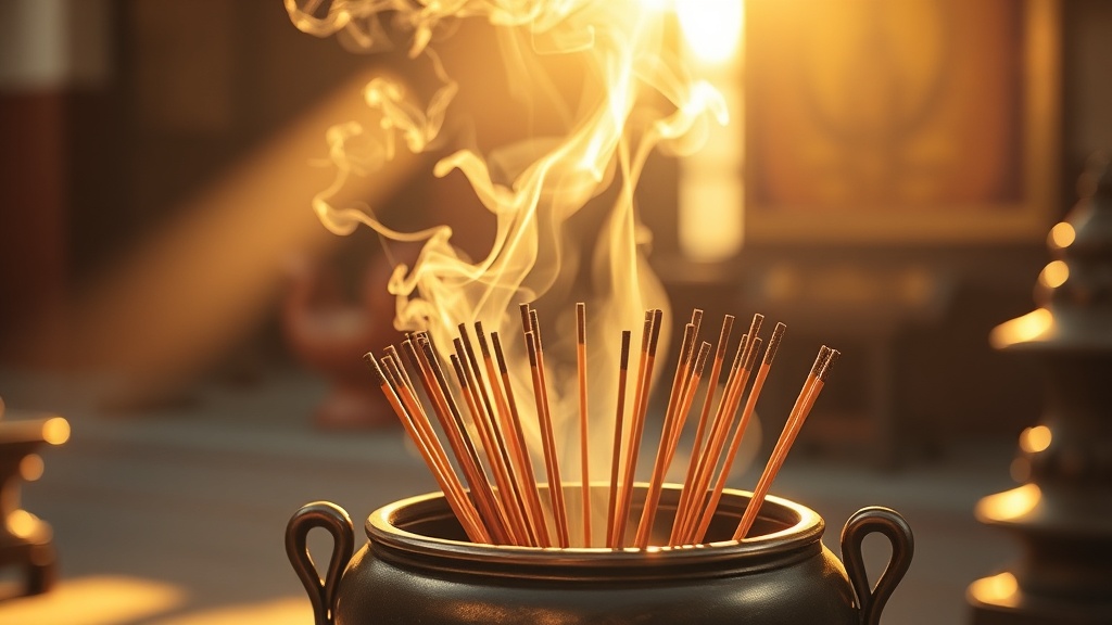 Bâtons d'encens brûlant dans un brûle-encens en bronze devant un temple bouddhiste chinois