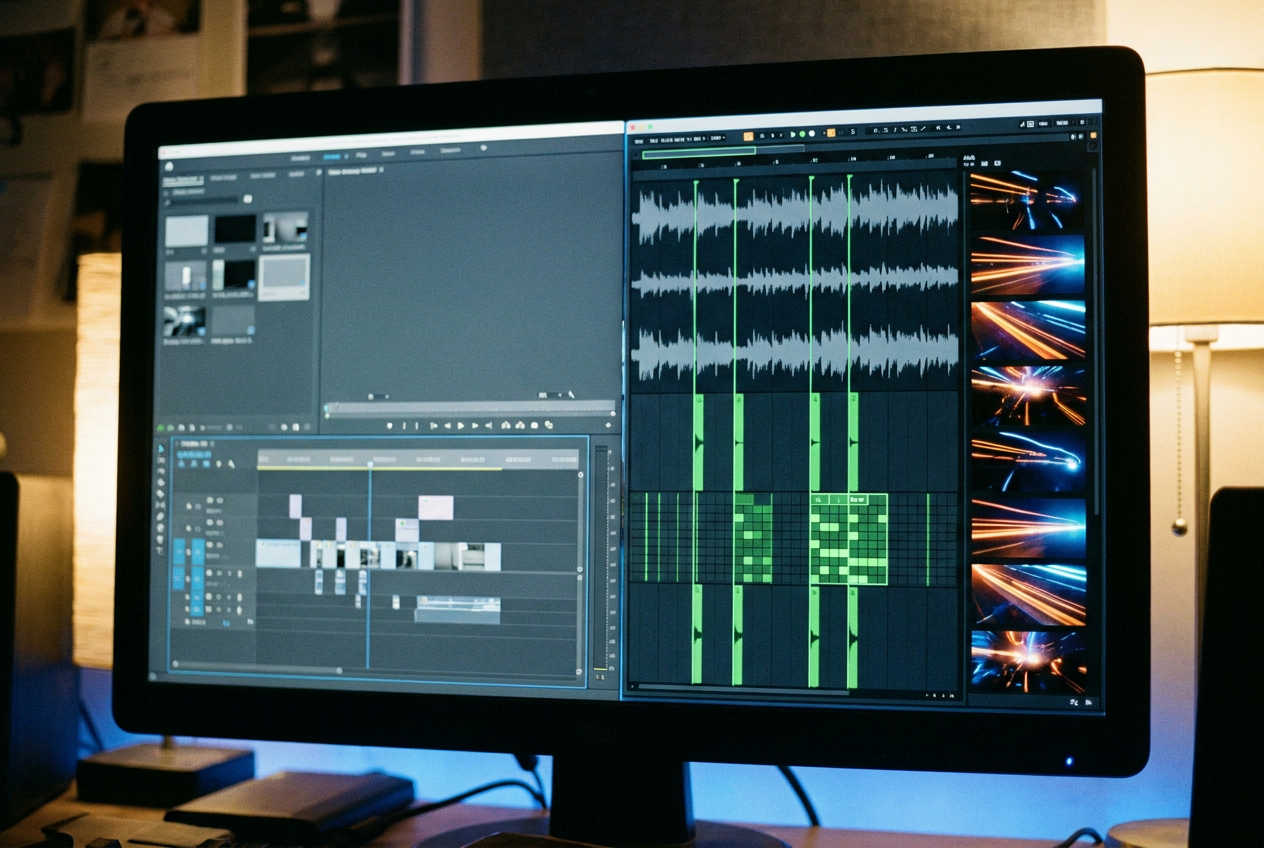 alt text: Split screen showing a generic AI video tool interface on the left with random colorful clips, and a music-specific AI video tool on the right showing audio waveforms, beat markers, and synchronized visual scenes on a timeline