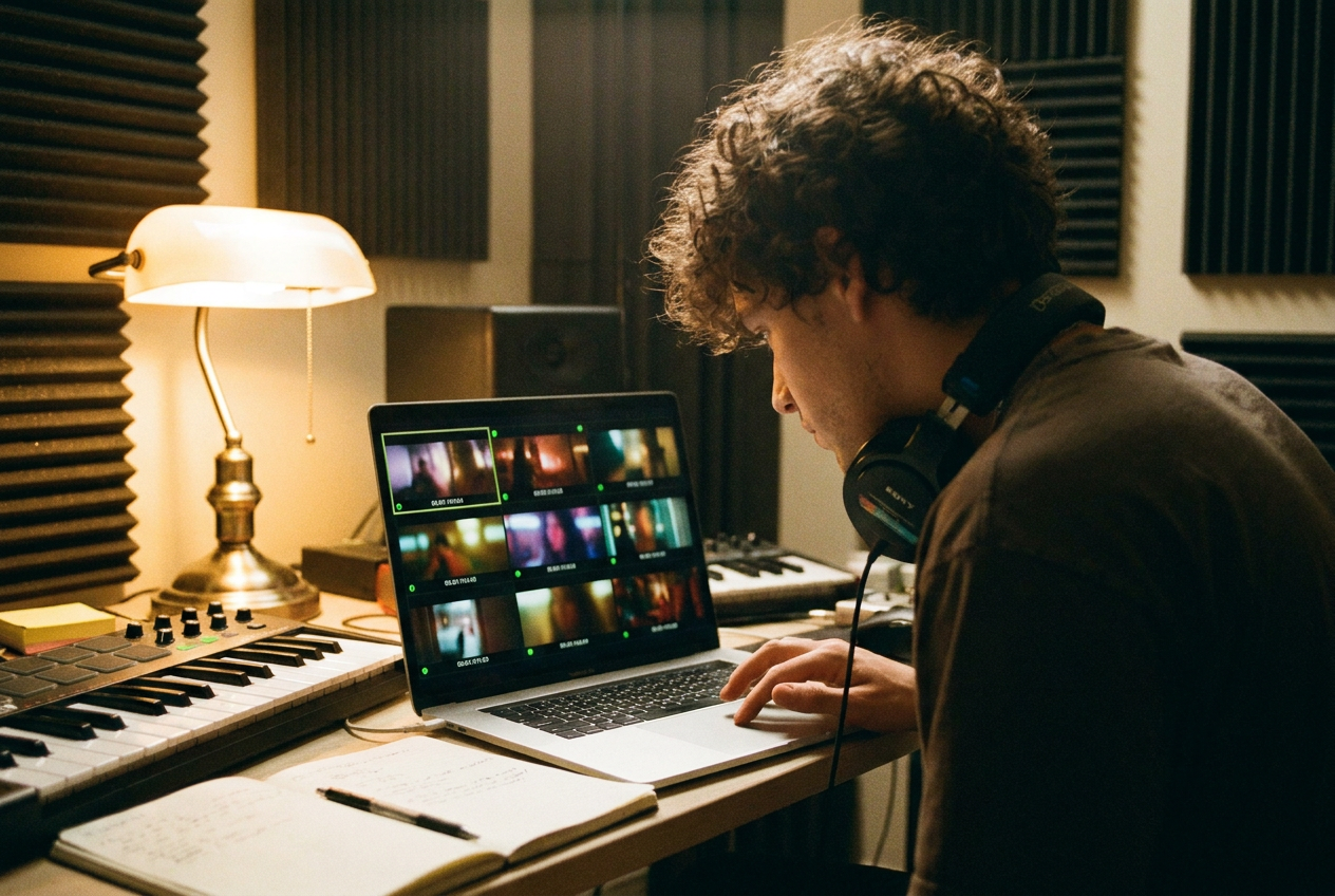 alt text: Independent musician reviewing AI-generated music video scenes on a laptop in a home studio