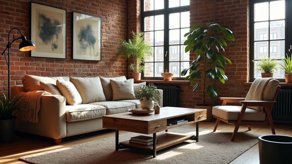 Industrial style living room with exposed brick, warm lighting and reclaimed wood