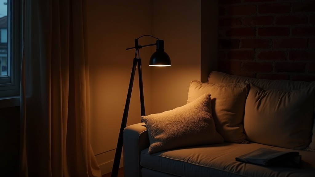 Warm industrial floor lamp casting amber light in a cozy living room corner