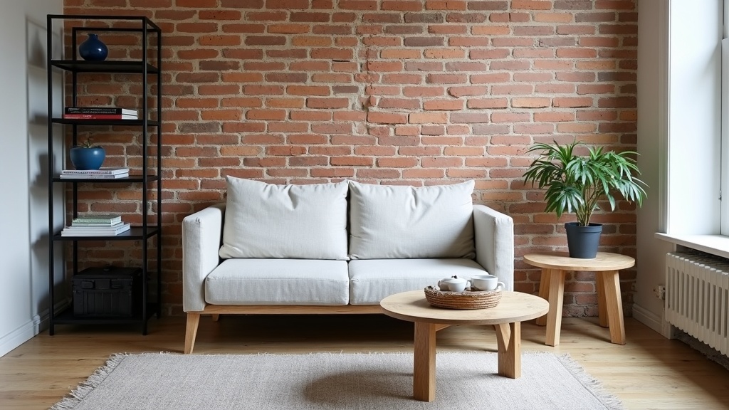 Small industrial living room with feature brick wall and slim furniture
