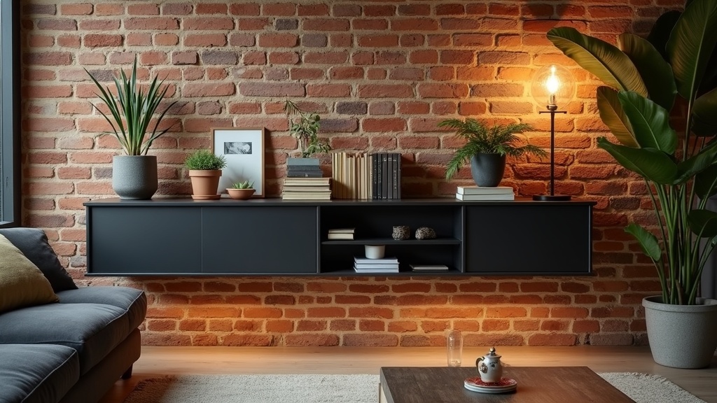 Exposed brick wall with black metal shelf in an industrial living room