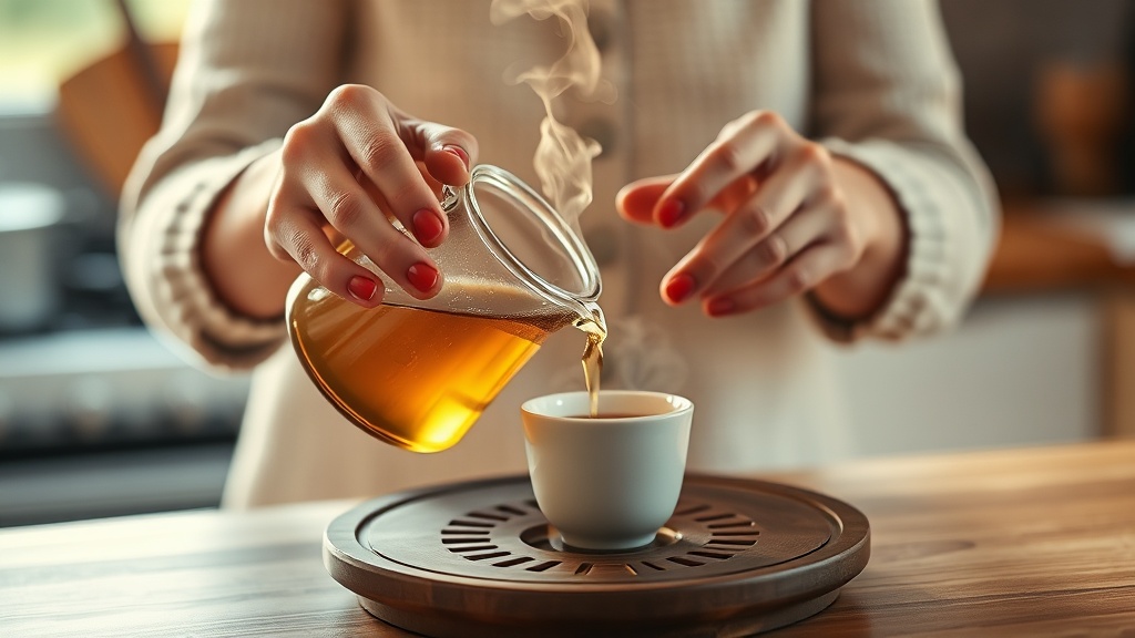 Mains versant du thé depuis une petite théière en verre lors d'une session gong fu cha