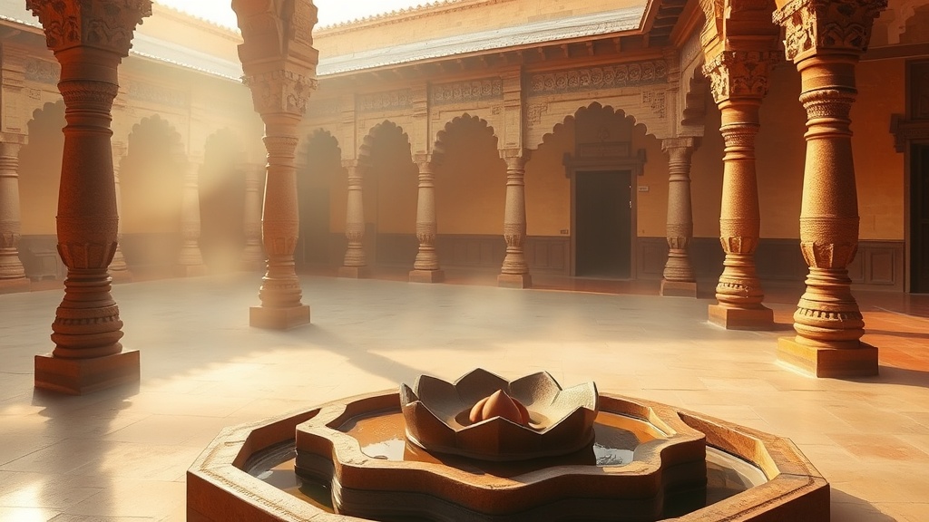 Cour de monastère bouddhiste ancien évoquant le cadre de l'ordination de Mahaprajapati Gautami