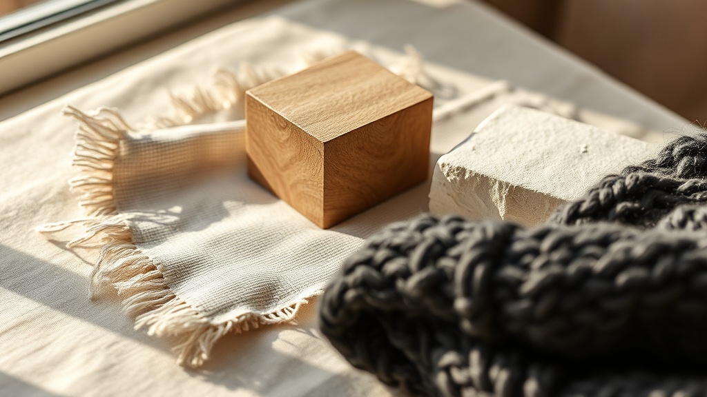 Natural material textures for minimalist interior design: linen, oak, plaster, wool